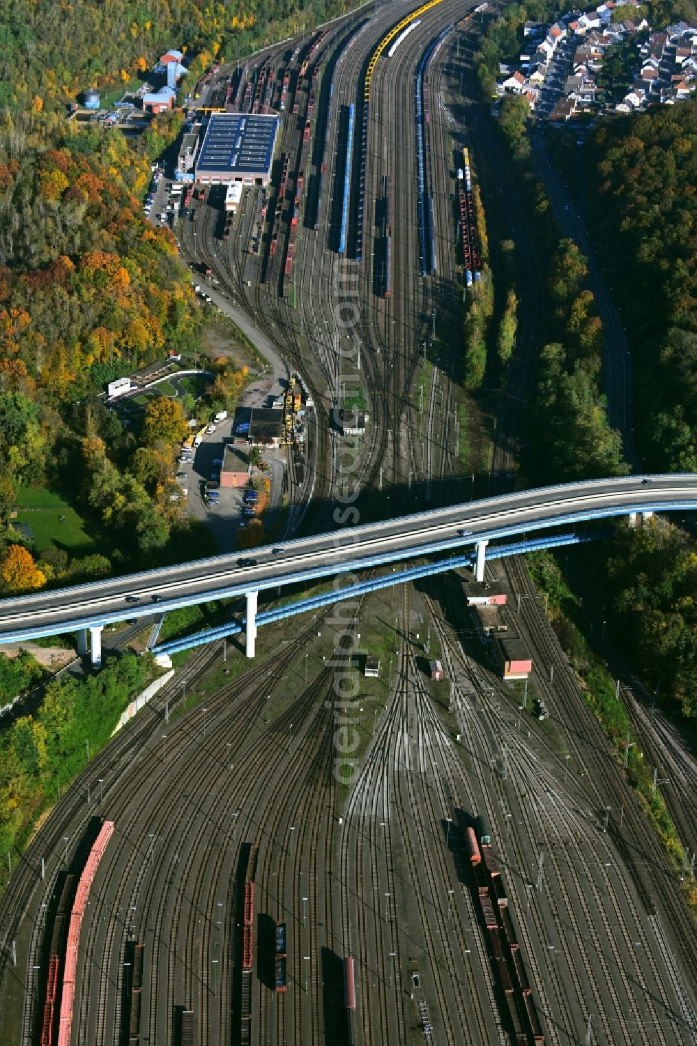Saarbrücken from above - Bridge structure for crossing and bridging the track of the railway Johannisbruecke in the district Rodenhof in Saarbruecken in the state Saarland, Germany