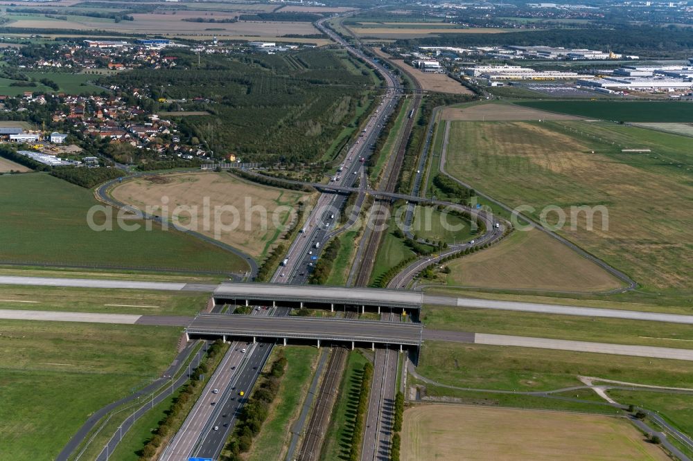 Schkeuditz from above - Road bridge construction along the BAB A14 at the premises of the Leipzig/Halle Airport in Schkeuditz in the state Saxony, Germany