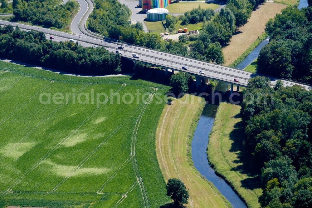 Göttingen from above - Road bridge construction along of shore river of Leine in Goettingen in the state Lower Saxony, Germany