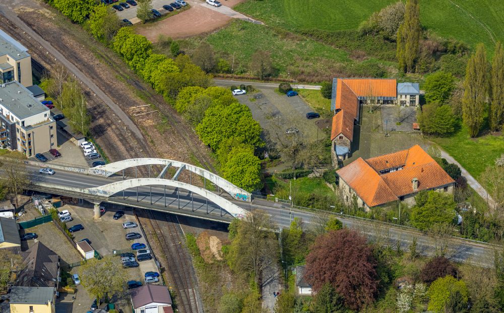 Aerial image Herbede - Road bridge construction across railroad - tracks on street Von-Elverfeldt-Allee in Herbede in the state North Rhine-Westphalia, Germany