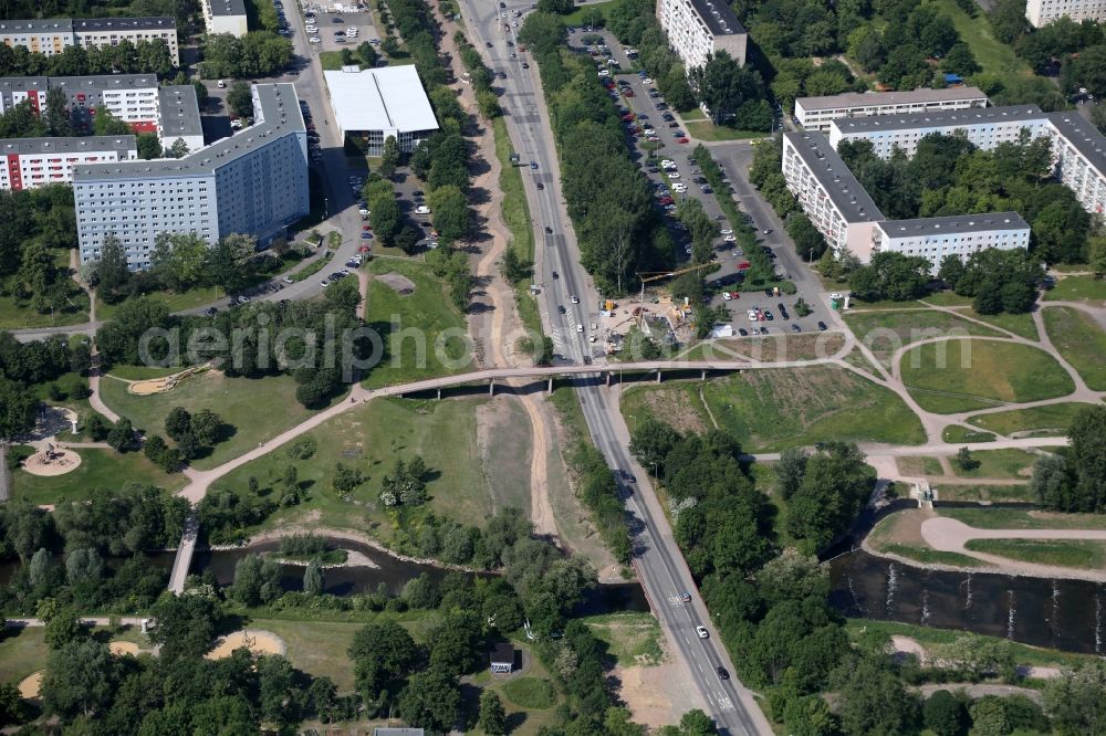 Aerial image Erfurt - Road bridge constructions along the Strasse der Nationen in the district Moskauer Platz in Erfurt in the state Thuringia, Germany