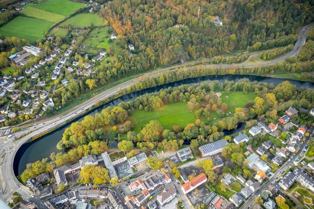Aerial photograph Essen - Island on the banks of the river course the Ruhr in the district Werden in Essen in the state North Rhine-Westphalia, Germany