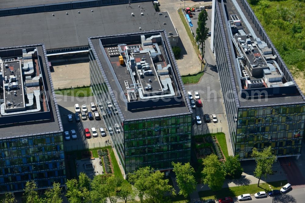 Warschau Mokotow from above - Office and Commercial Building Park Postepu operated by IMMOFINANZ AG in Mokotov district of Warsaw in Poland