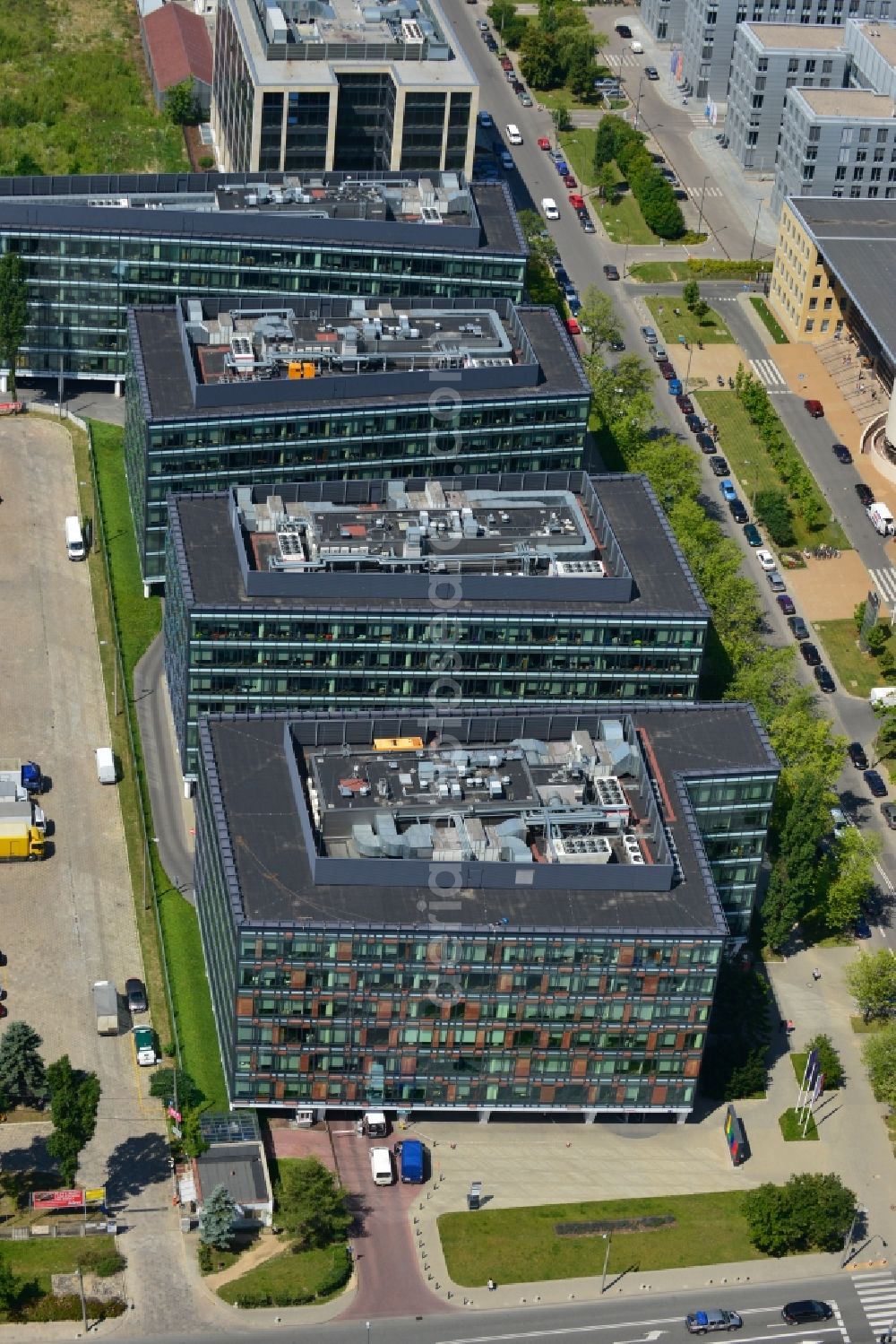Warschau Mokotow from above - Office and Commercial Building Park Postepu operated by IMMOFINANZ AG in Mokotov district of Warsaw in Poland