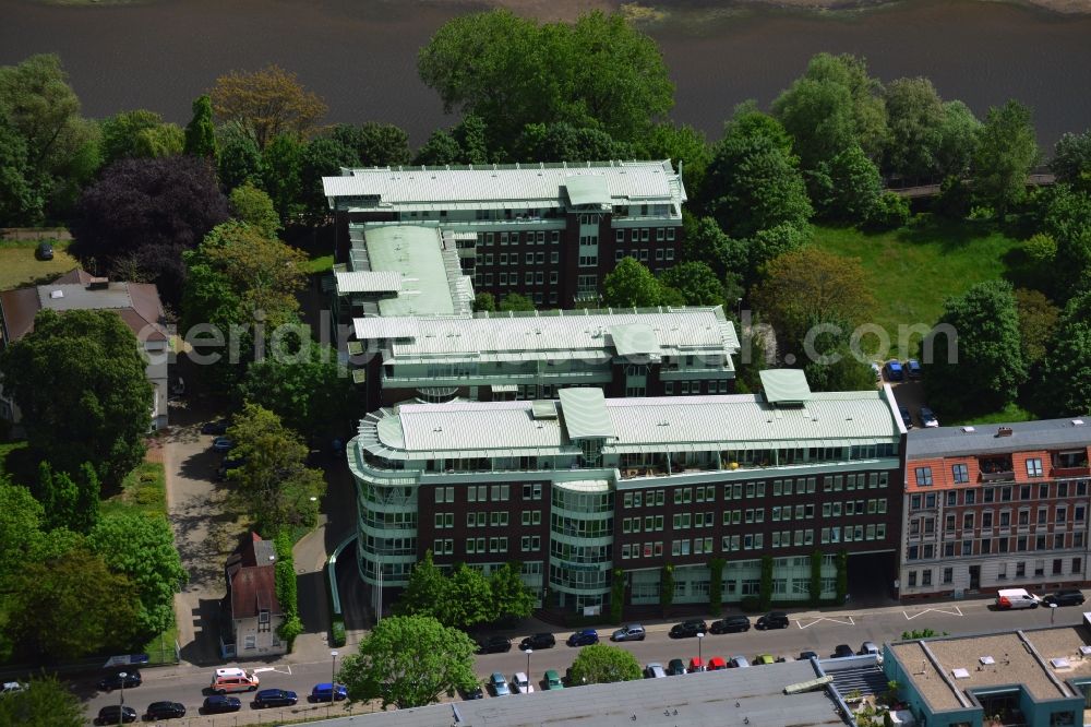 Aerial photograph Magdeburg OT Werder - View of the office block Elbzentrum in the district of Werder in Magdeburg in the state of Saxony-Anhalt