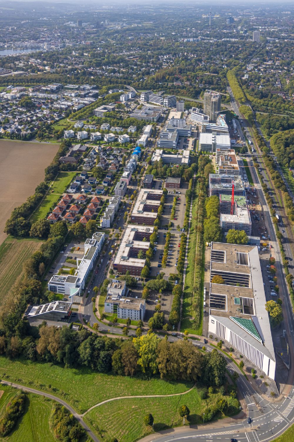 Aerial image Dortmund - Office building - Ensemble in the industrial area along the Freie-Vogel-Strasse - Stockholmer Allee in the district Schueren-Neu in Dortmund in the state North Rhine-Westphalia, Germany