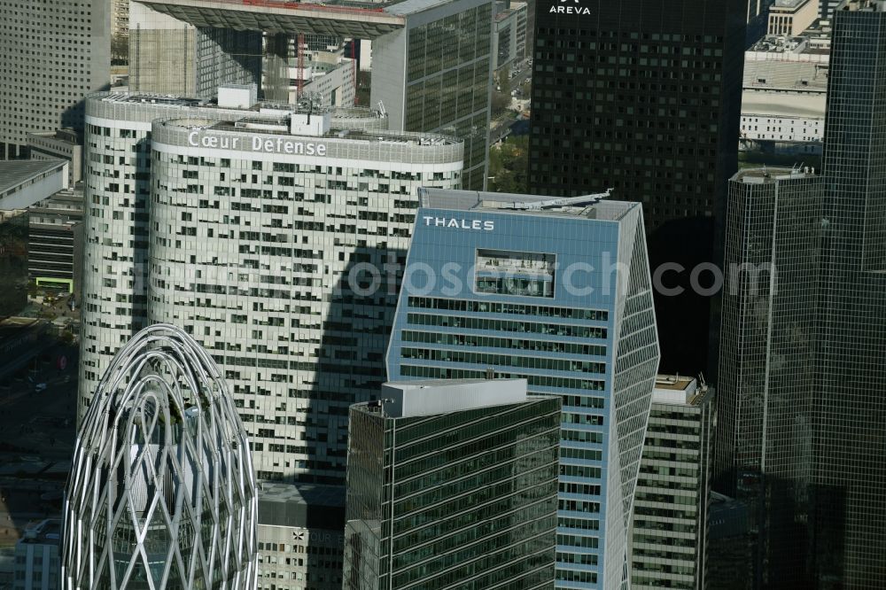 Aerial image Paris - Block of office and hotel highrise buildings in the quarter La Défense in Paris in Ile-de-France, France