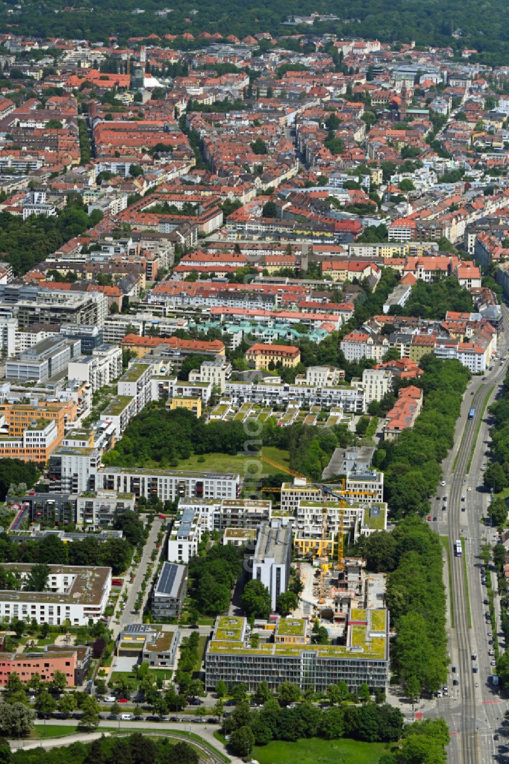 Aerial photograph München - Office building - Ensemble on street Schwere-Reiter-Strasse in the district Schwabing-West in Munich in the state Bavaria, Germany