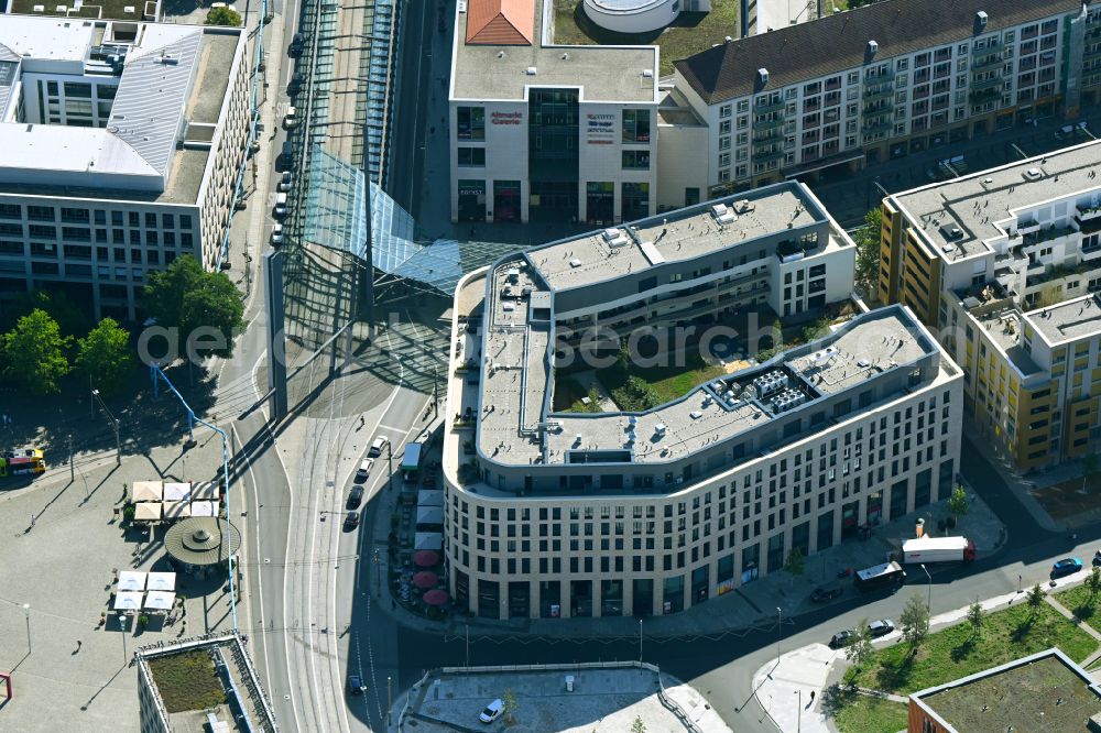 Dresden from the bird's eye view: Construction site to build a new office and commercial building Haus Postplatz in the district Wilsdruffer Vorstadt in Dresden in the state Saxony, Germany