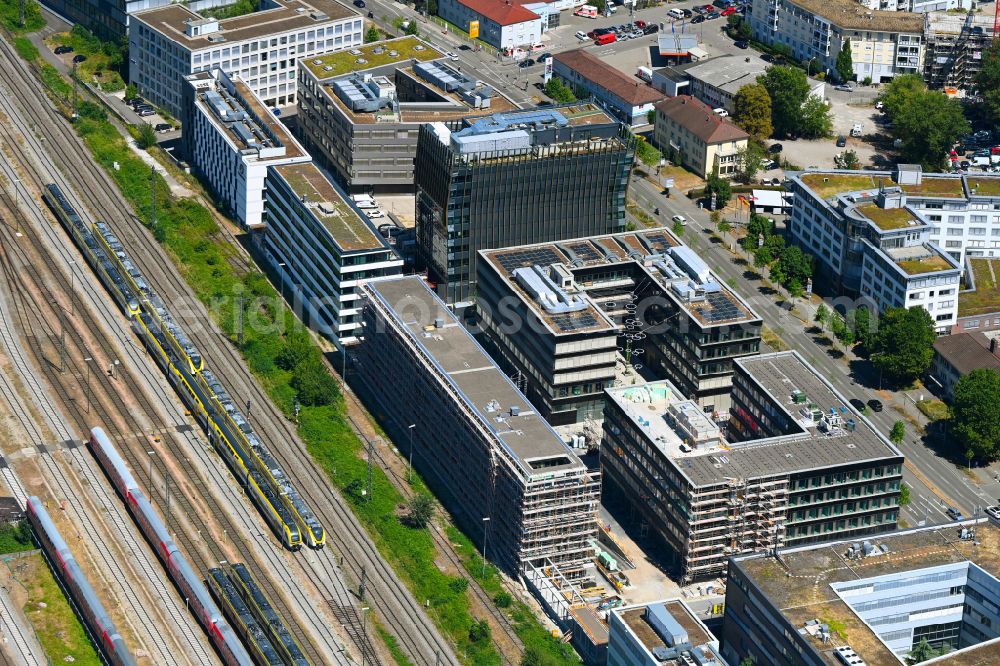 Freiburg im Breisgau from above - New construction of an office and commercial building on Heinrich-von-Stephan-Strasse in the district of Wiehre in Freiburg im Breisgau in the state Baden-Wuerttemberg, Germany