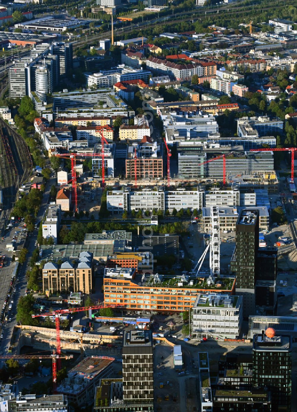 München from above - New office and commercial building WERK3 on Atelierstrasse in the district Ramersdorf-Perlach in Munich in the state Bavaria, Germany