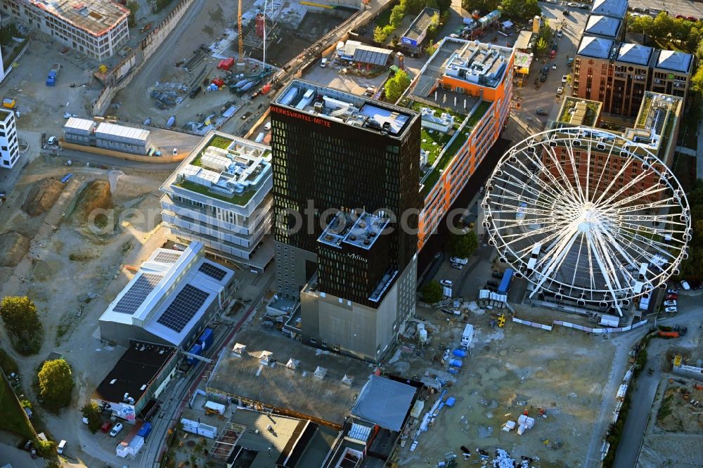 München from above - Construction site to build a new office and commercial building WERK4 on Atelierstrasse in the district Ramersdorf-Perlach in Munich in the state Bavaria, Germany