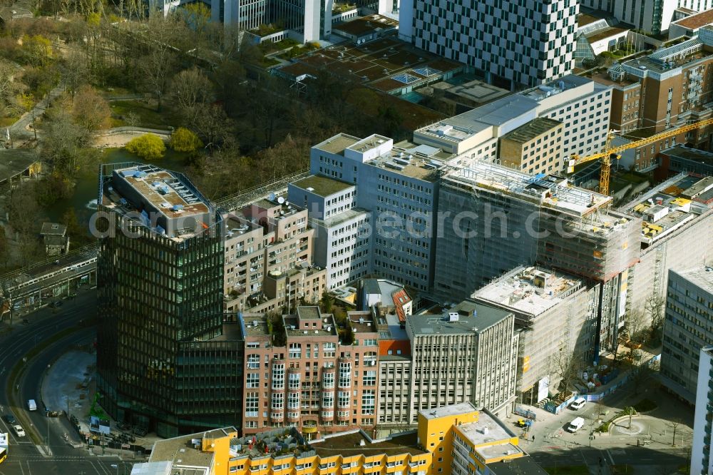 Berlin from above - Construction site to build a new office and commercial building on Budapester Strasse corner Kurfuerstenstrasse on place Olof-Palme-Platz in the district Tiergarten in Berlin, Germany