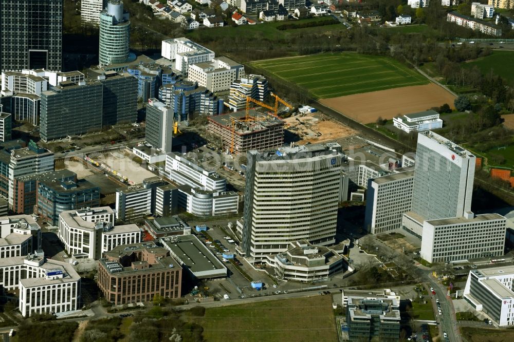 Eschborn from the bird's eye view: Office and commercial building ensemble in the new business district Boersenplatz Eschborn on Mergenthaler Allee in Eschborn in the state of Hesse, Germany