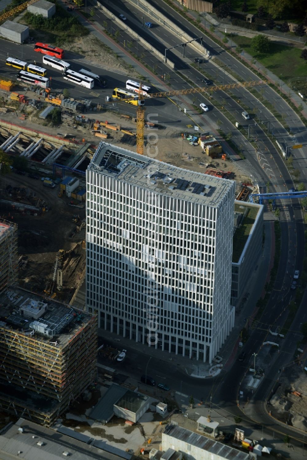 Aerial photograph Berlin - Office high-rise Tour Total in Europacity on Heidestrasse in Berlin in Germany