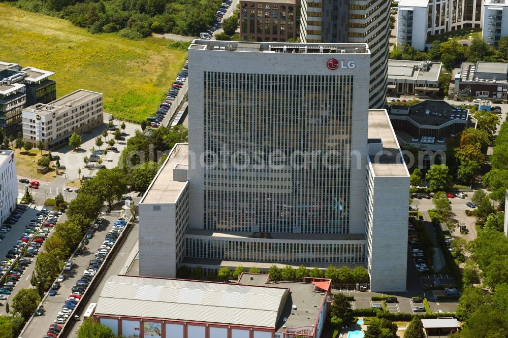 Eschborn from the bird's eye view: Office and corporate management high-rise building of LG Electronics Deutschland GmbH on Alfred-Herrhausen-Allee in Eschborn in the state Hesse, Germany