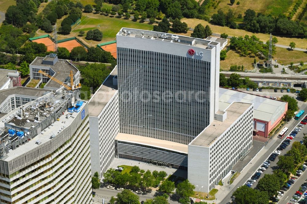 Aerial image Eschborn - Office and corporate management high-rise building of LG Electronics Deutschland GmbH on Alfred-Herrhausen-Allee in Eschborn in the state Hesse, Germany