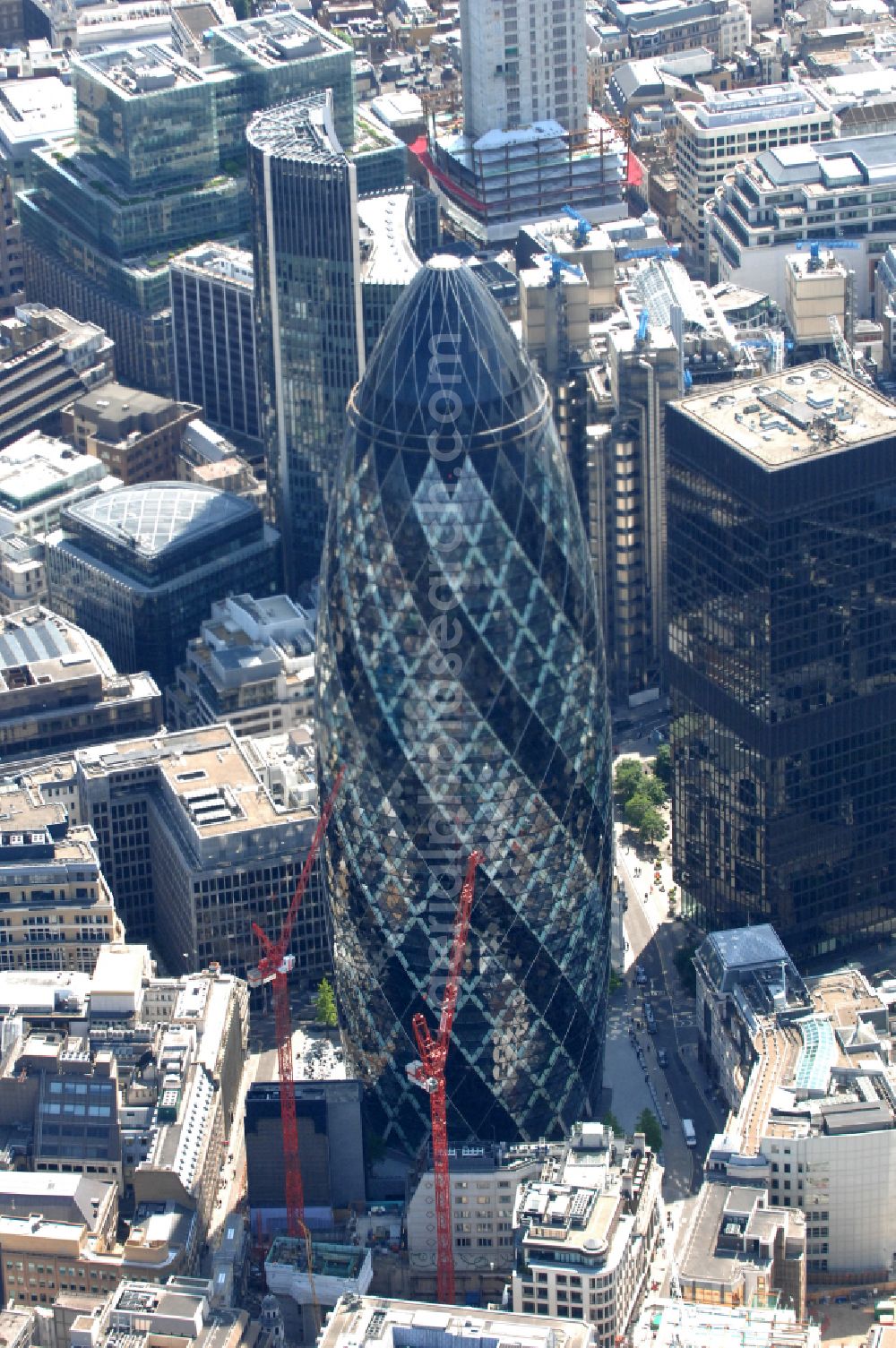 London from above - Office and corporate management high-rise building The Gherkin on street Saint Mary Axe in London in England, United Kingdom