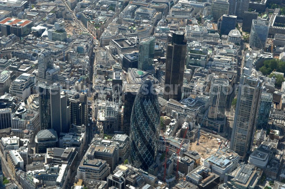 Aerial image London - Office and corporate management high-rise building The Gherkin on street Saint Mary Axe in London in England, United Kingdom