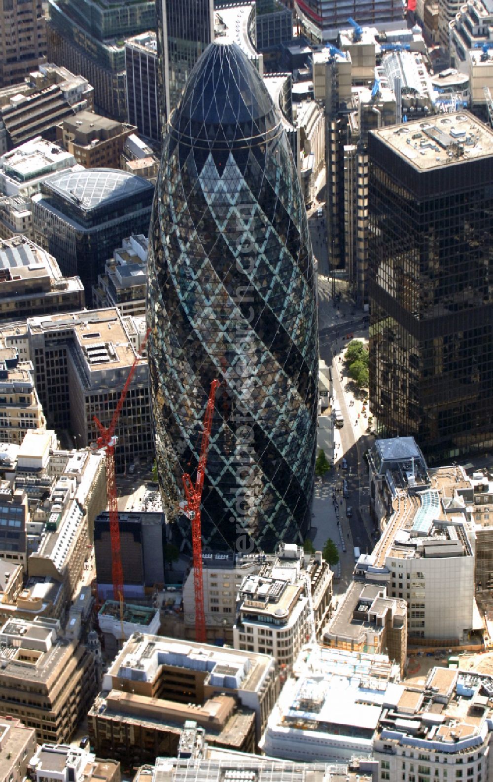Aerial photograph London - Office and corporate management high-rise building The Gherkin on street Saint Mary Axe in London in England, United Kingdom
