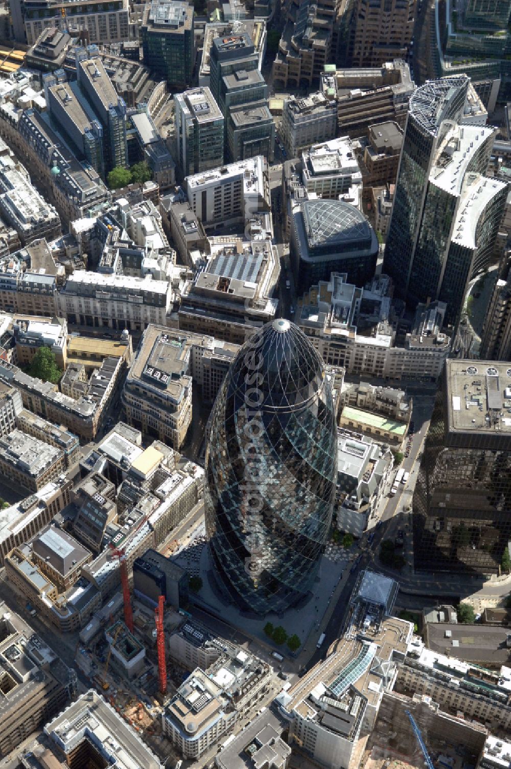 Aerial photograph London - Office and corporate management high-rise building The Gherkin on street Saint Mary Axe in London in England, United Kingdom