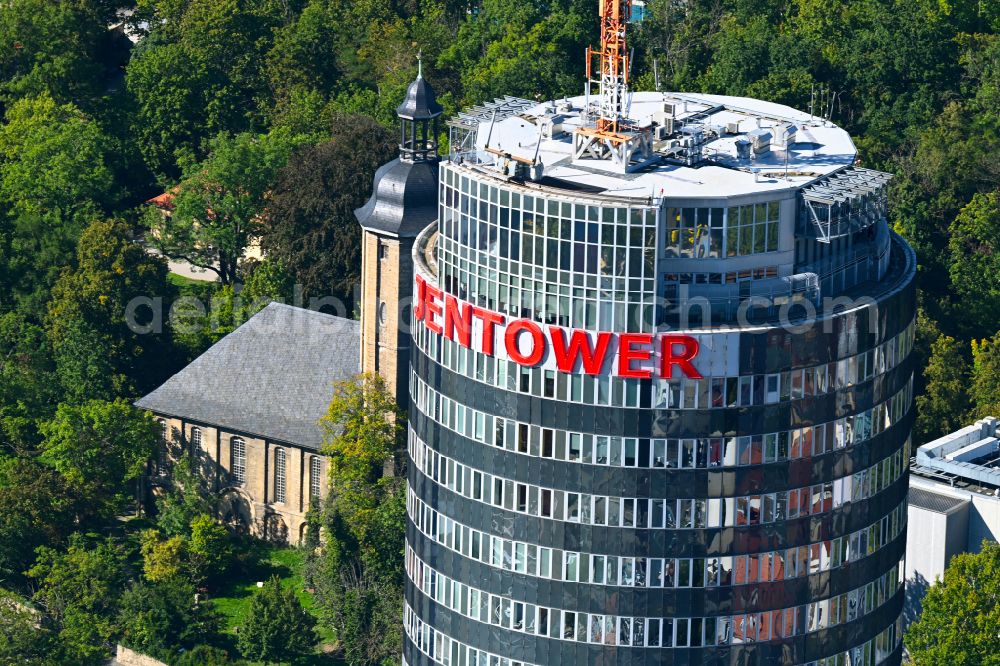 Jena from the bird's eye view: Office and corporate management high-rise building Jentower on Leutragraben in Jena in the state Thuringia, Germany