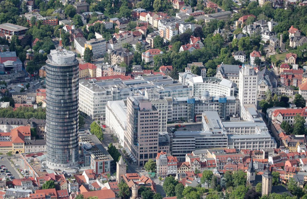 Jena from above - Office and corporate management high-rise building Jentower on Leutragraben in Jena in the state Thuringia, Germany