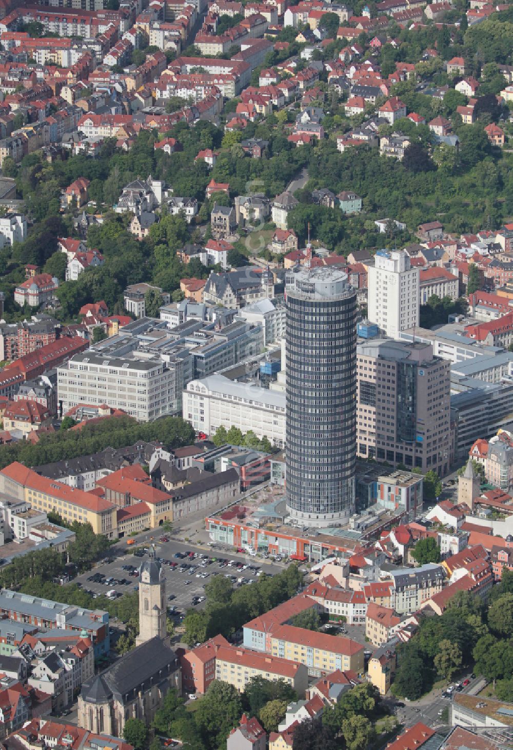 Aerial image Jena - Office and corporate management high-rise building Jentower on Leutragraben in Jena in the state Thuringia, Germany