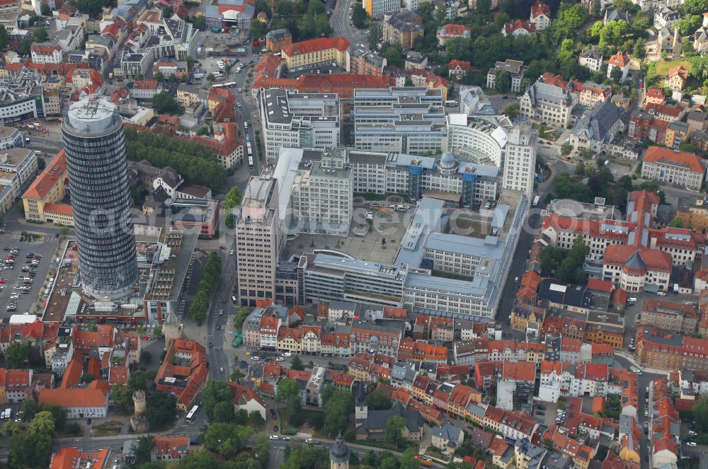 Aerial photograph Jena - Office and corporate management high-rise building Jentower on Leutragraben in Jena in the state Thuringia, Germany