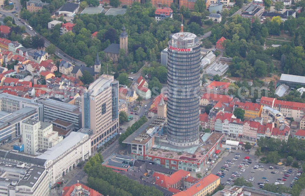 Jena from the bird's eye view: Office and corporate management high-rise building Jentower on Leutragraben in Jena in the state Thuringia, Germany