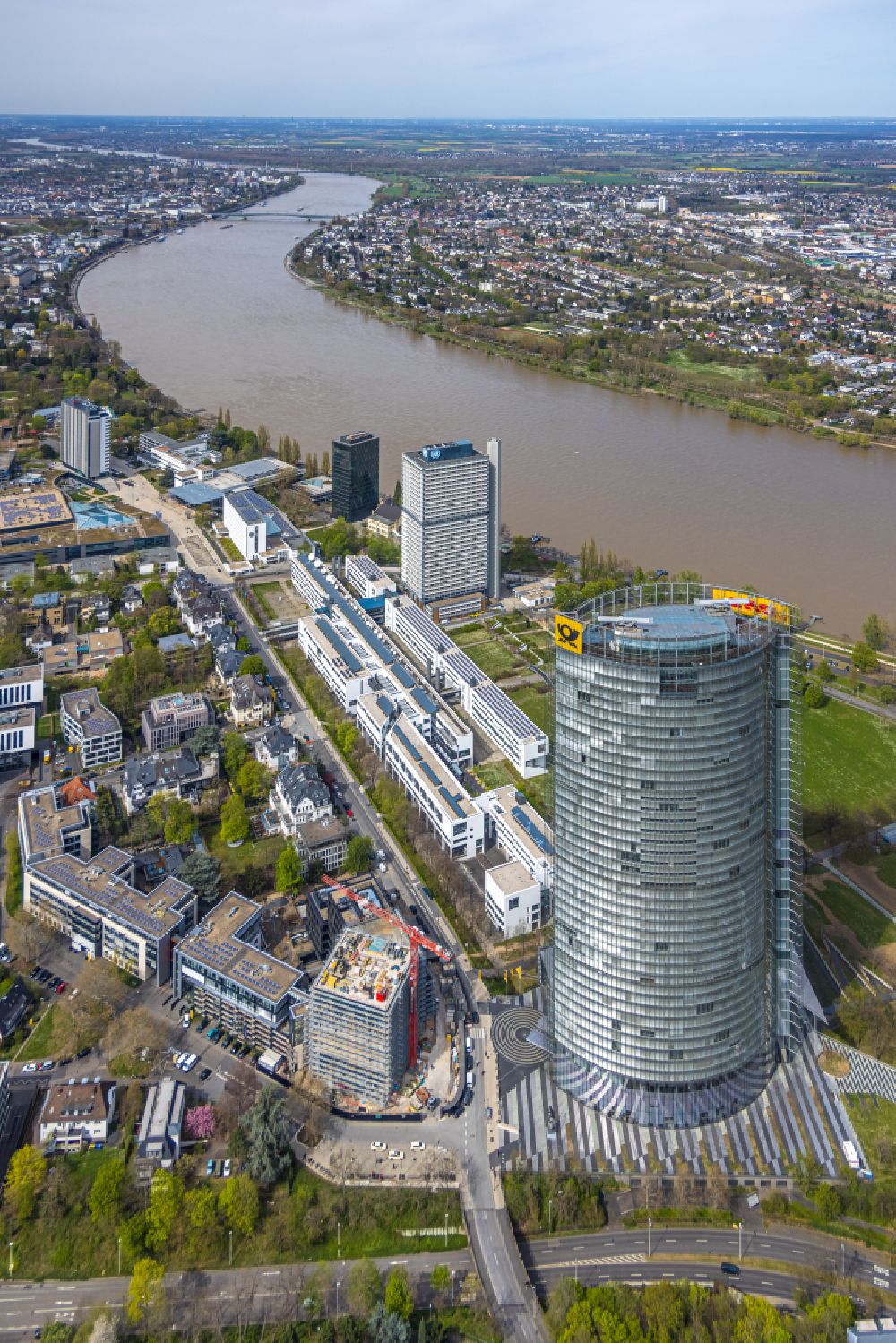 Aerial image Bonn - Office and corporate management high-rise building Post Tower on Charles-de-Gaulle-Strasse in the district Gronau in Bonn, in the state North Rhine-Westphalia, Germany