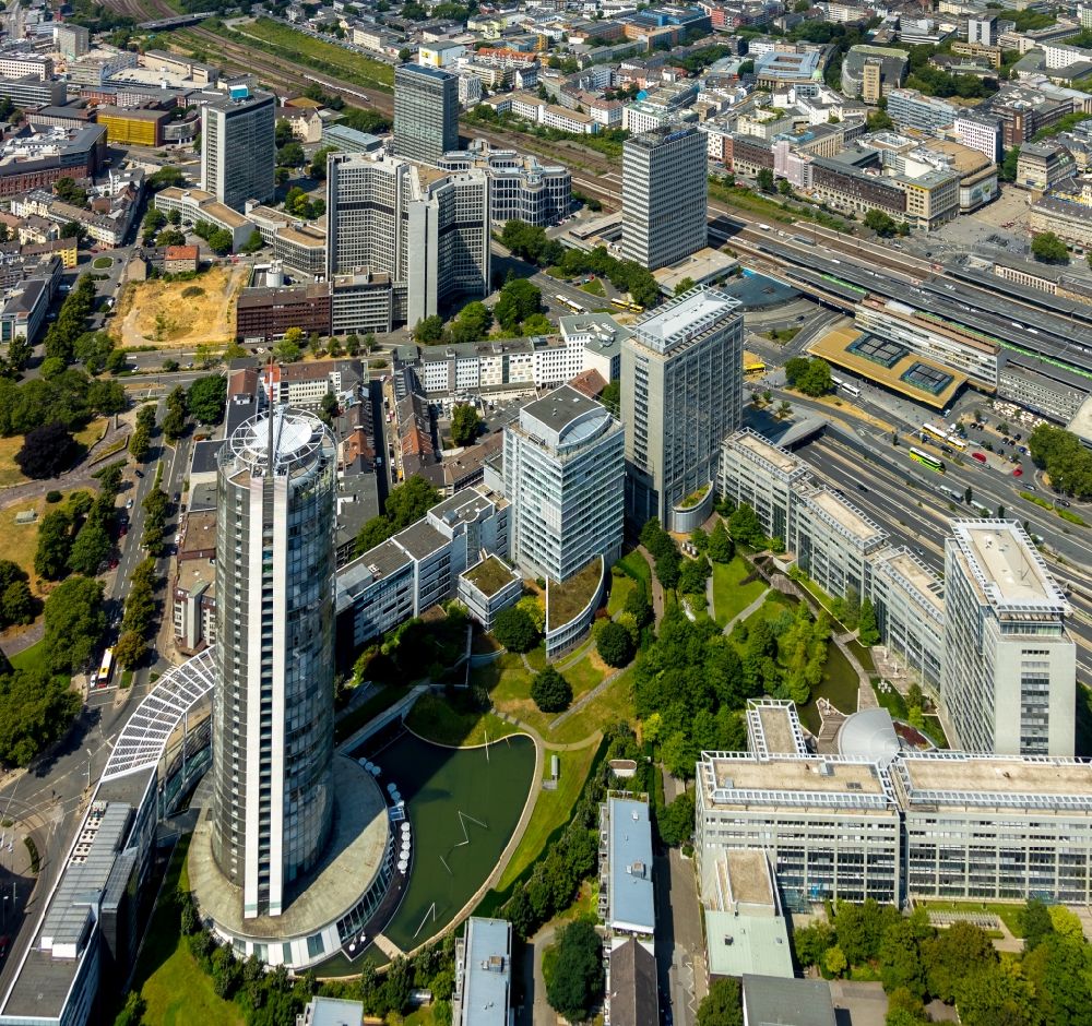 Essen from the bird's eye view: Office and corporate management high-rise building RWE-Turm in the district Suedviertel in Essen in the state North Rhine-Westphalia, Germany