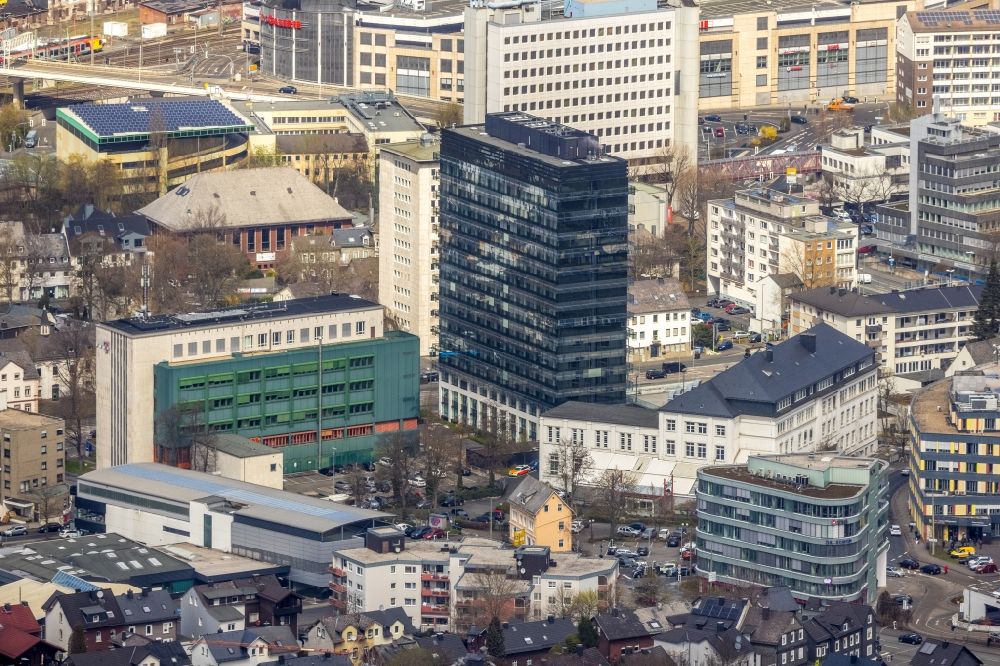 Aerial photograph Siegen - Office and corporate management high-rise building Kommunalverwaltung Kreis Siegen-Wittgenstein in Siegen on Siegerland in the state North Rhine-Westphalia, Germany