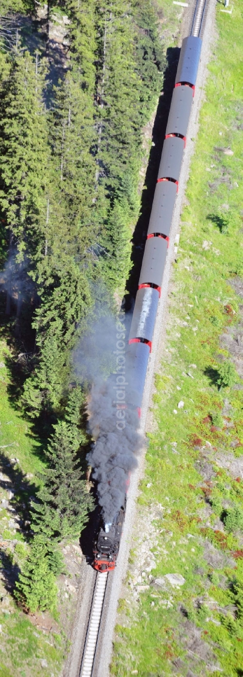 Aerial photograph Brocken - The railway Brockenbahn with a Mallet-Engine / steam locomotive / railcar, a narrow-gauge railway, during a trip at the Brocken mountain in Saxony-Anhalt