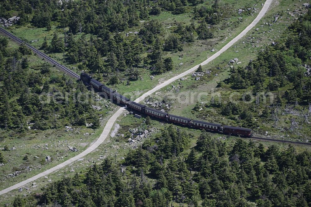 Aerial image Brocken - The railway Brockenbahn with a Mallet-Engine / steam locomotive / railcar, a narrow-gauge railway, during a trip at the Brocken mountain in Saxony-Anhalt