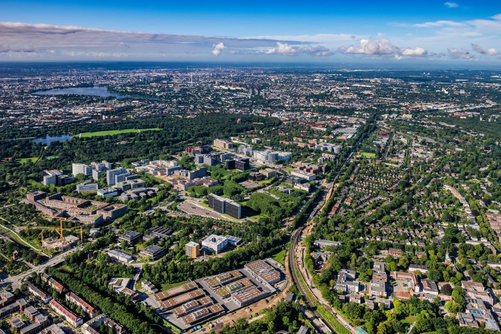 Aerial photograph Hamburg - Construction site for the new construction of an office and administration building on Kapstadtring in City Nord in the district of Winterhude in Hamburg, Germany