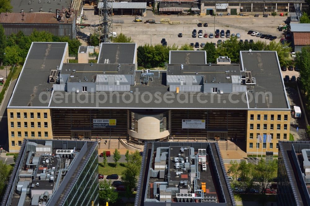 Warschau from above - Office building on Domaniewska Street in the Mokotow District of Warsaw in Poland. The building is located in the business district of Mokotow. One of the tenants of the rent offices is the IT company Aster