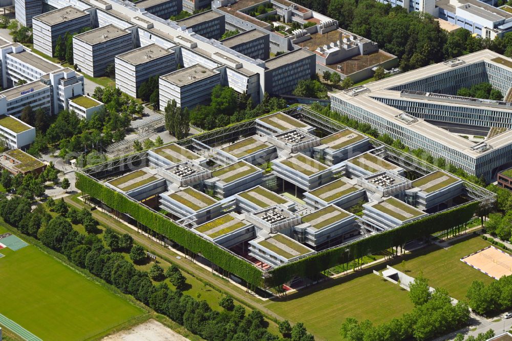 Aerial photograph München - Office building of Allianz Deutschland AG on Dieselstrasse in Unterfoehring in the state Bavaria, Germany