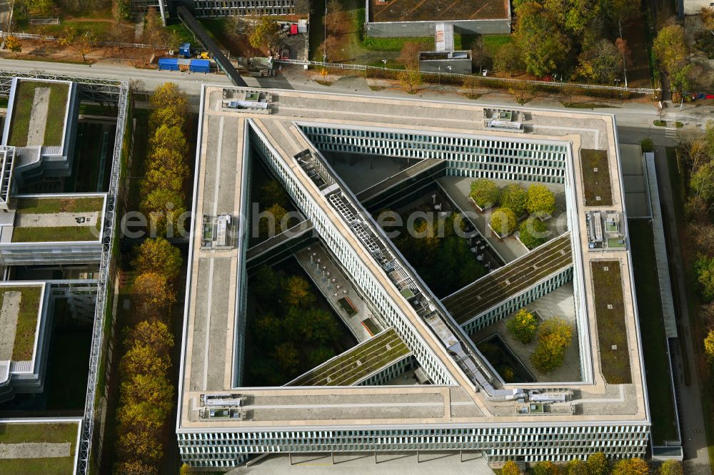 Aerial image München - Office building of Allianz Deutschland AG on Dieselstrasse in Unterfoehring in the state Bavaria, Germany