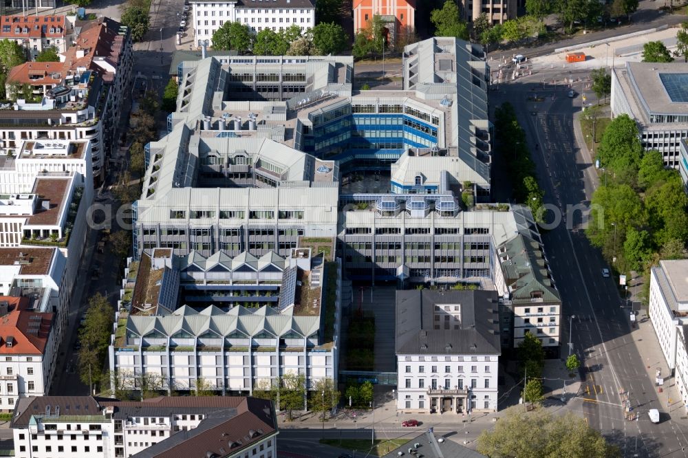 Aerial photograph München - Office building with the Bayerische Landesbank and the historical sight of the Gestapo headquarters on Brienner Strasse in the district Maxvorstadt in Munich in the state Bavaria, Germany