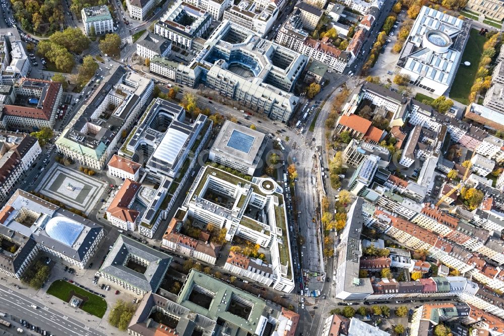 Aerial image München - Office building with the Bayerische Landesbank and the historical sight of the Gestapo headquarters on Brienner Strasse in the district Maxvorstadt in Munich in the state Bavaria, Germany