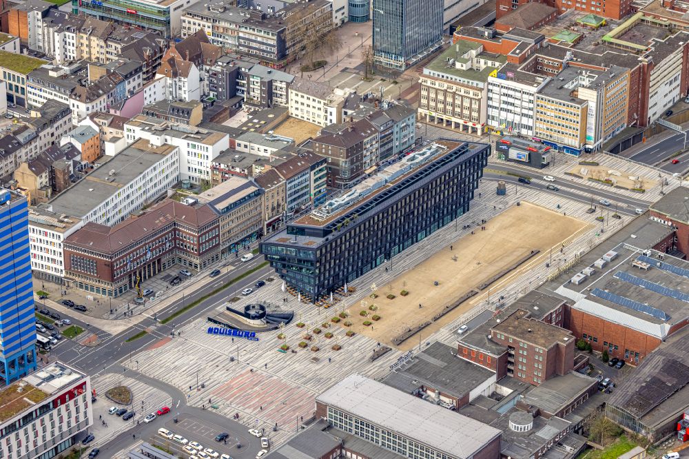 Duisburg from above - Office building Mercator One and Einkaufsbahnhof Duisburg Hbf on Mercatorstrasse in Duisburg in the state North Rhine-Westphalia, Germany