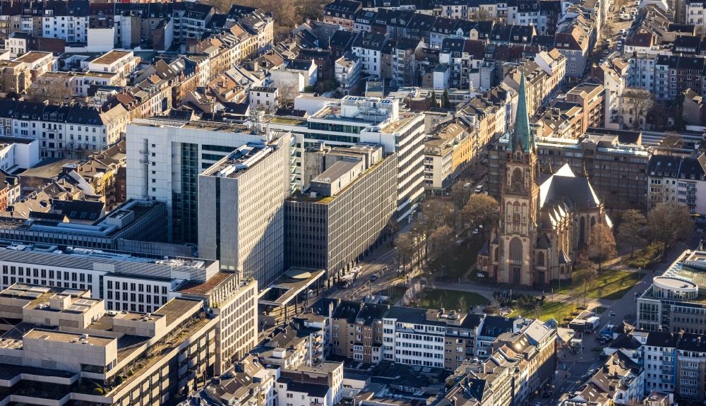 Düsseldorf from the bird's eye view: Office building of the administration and commercial building of the Ministry of the Interior of North Rhine-Westphalia on Friedrichstrasse in the district Friedrichstadt in Dusseldorf in the Ruhr area in the state North Rhine-Westphalia, Germany