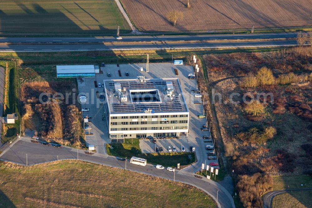 Rülzheim from above - Office building of MTS Group on street Carl-Benz-Strasse in Ruelzheim in the state Rhineland-Palatinate, Germany