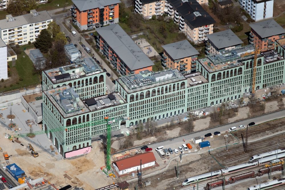 Aerial photograph München - Office building MY.O on Christoph-Rapparini-Bogen overlooking construction work at the course of the track and station management of the Laim station in the district Neuhausen-Nymphenburg in Munich in the state Bavaria, Germany