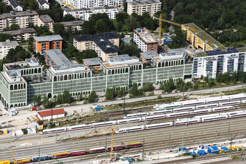 München from the bird's eye view: Office building MY.O on Christoph-Rapparini-Bogen overlooking construction work at the course of the track and station management of the Laim station in the district Neuhausen-Nymphenburg in Munich in the state Bavaria, Germany