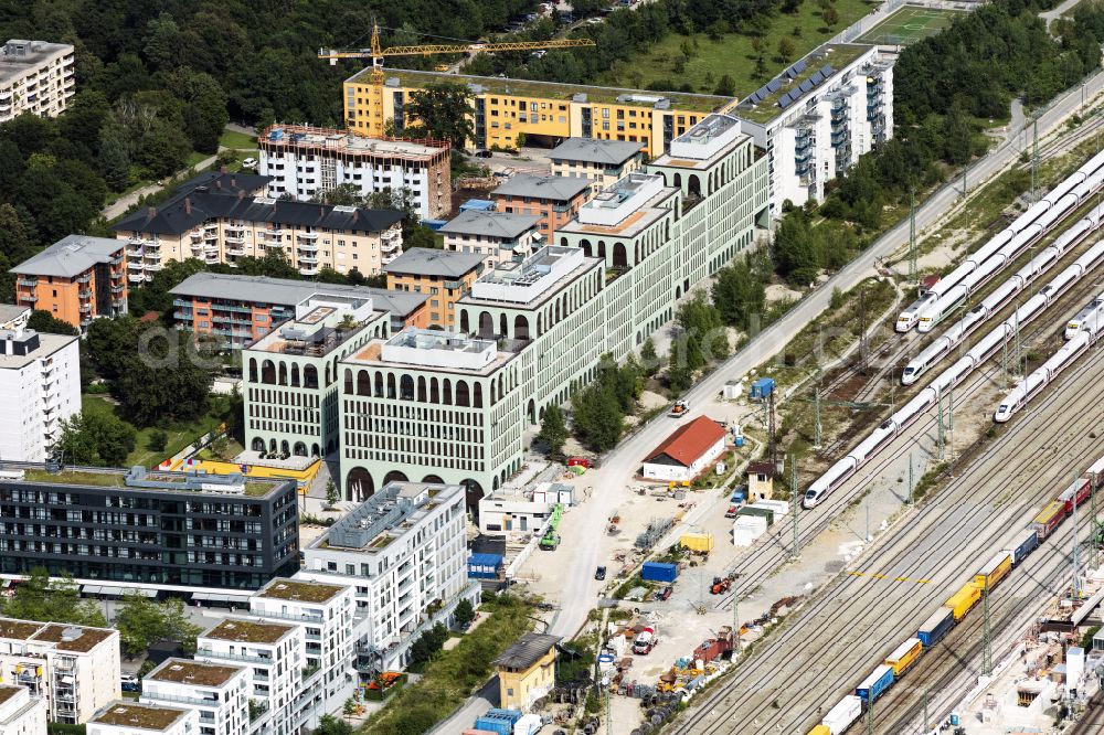 Aerial image München - Office building MY.O on Christoph-Rapparini-Bogen overlooking construction work at the course of the track and station management of the Laim station in the district Neuhausen-Nymphenburg in Munich in the state Bavaria, Germany