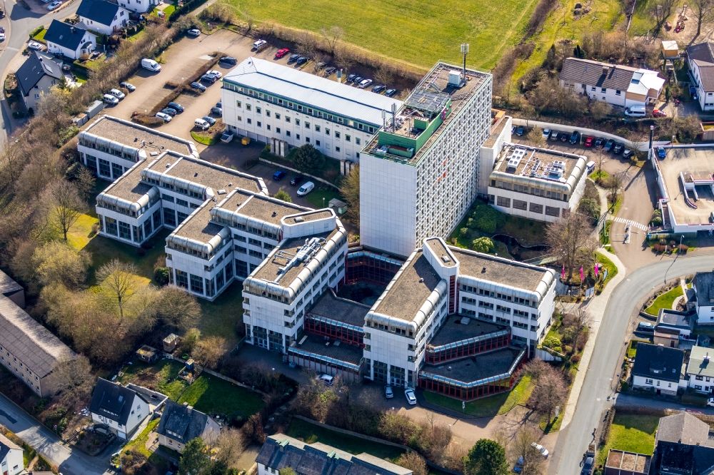 Aerial image Meschede - Office building of Telekom Deutschland GmbH on Feldstrasse in Meschede in the state North Rhine-Westphalia, Germany