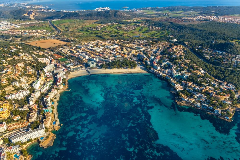 Calvia from above - Water surface at the bay along the sea coast of Balearic Sea in Calvia in Balearic Islands, Spain