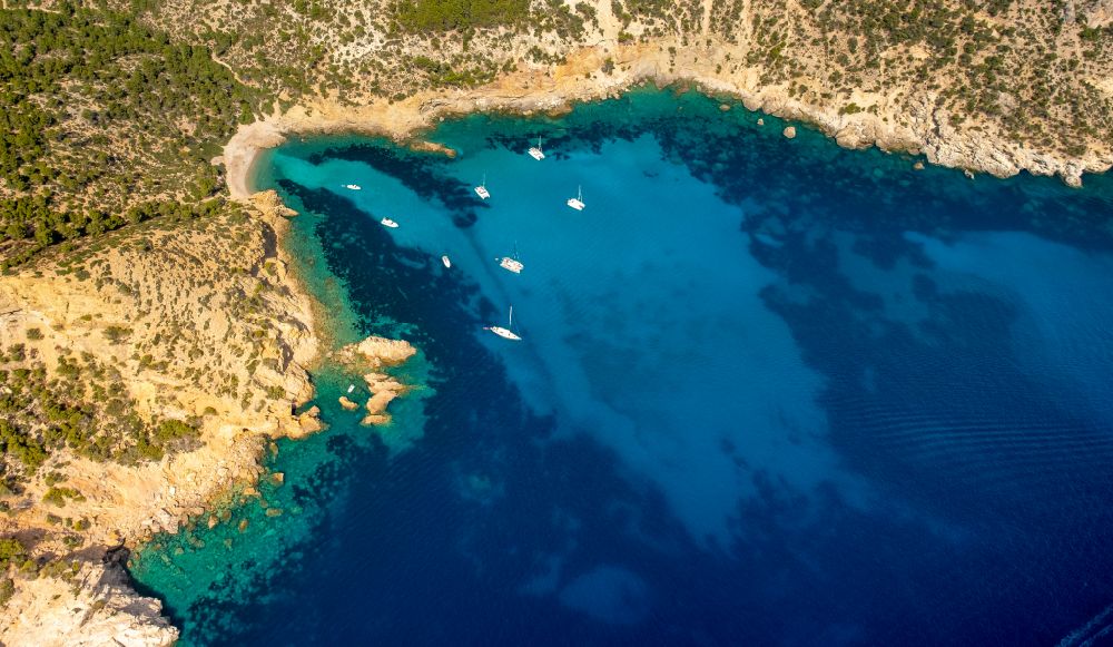 Port d'Andratx from the bird's eye view: Water surface at the bay along the sea coast Cala D'egos in Port d'Andratx in Balearic islands, Spain